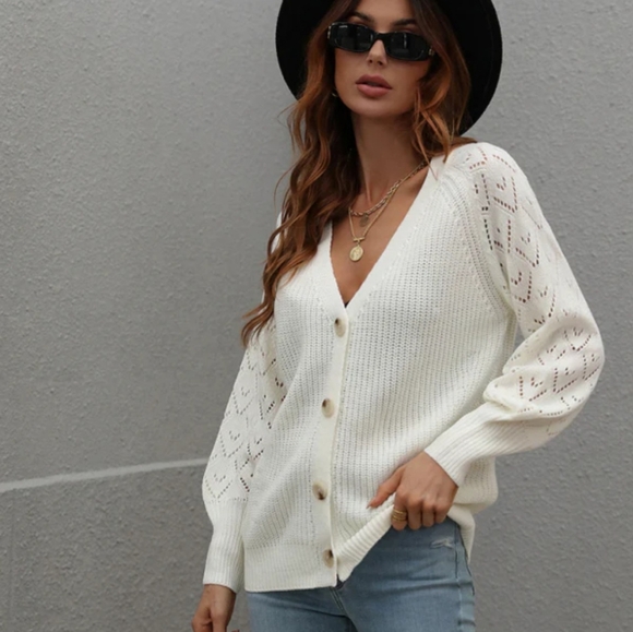 Long Sleeves White Knit Cardigan Oversized Sweater - Picture 1 of 12